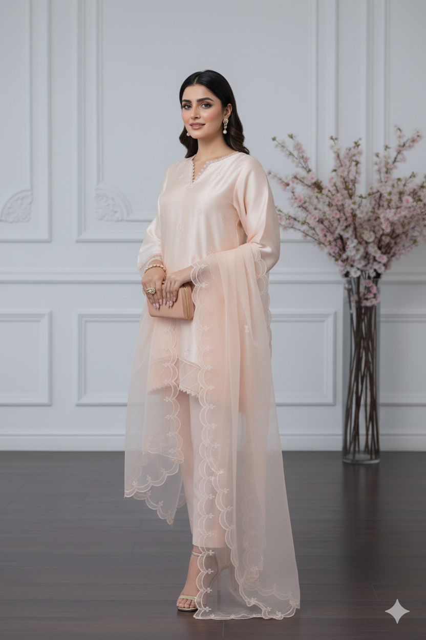 3-Piece Premium Peach Embroidered Raw Silk