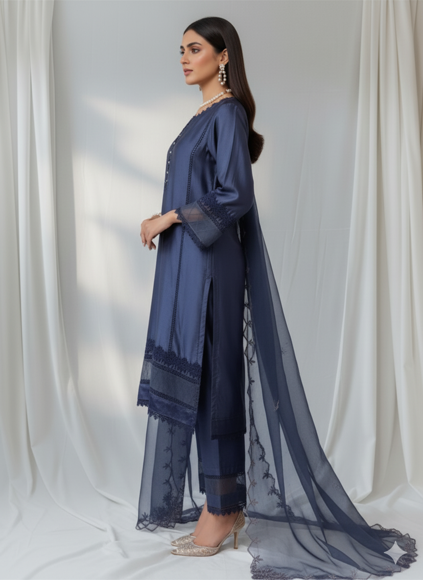 3-Piece Luxury Pure Deep Navy Blue  Raw Silk Suit