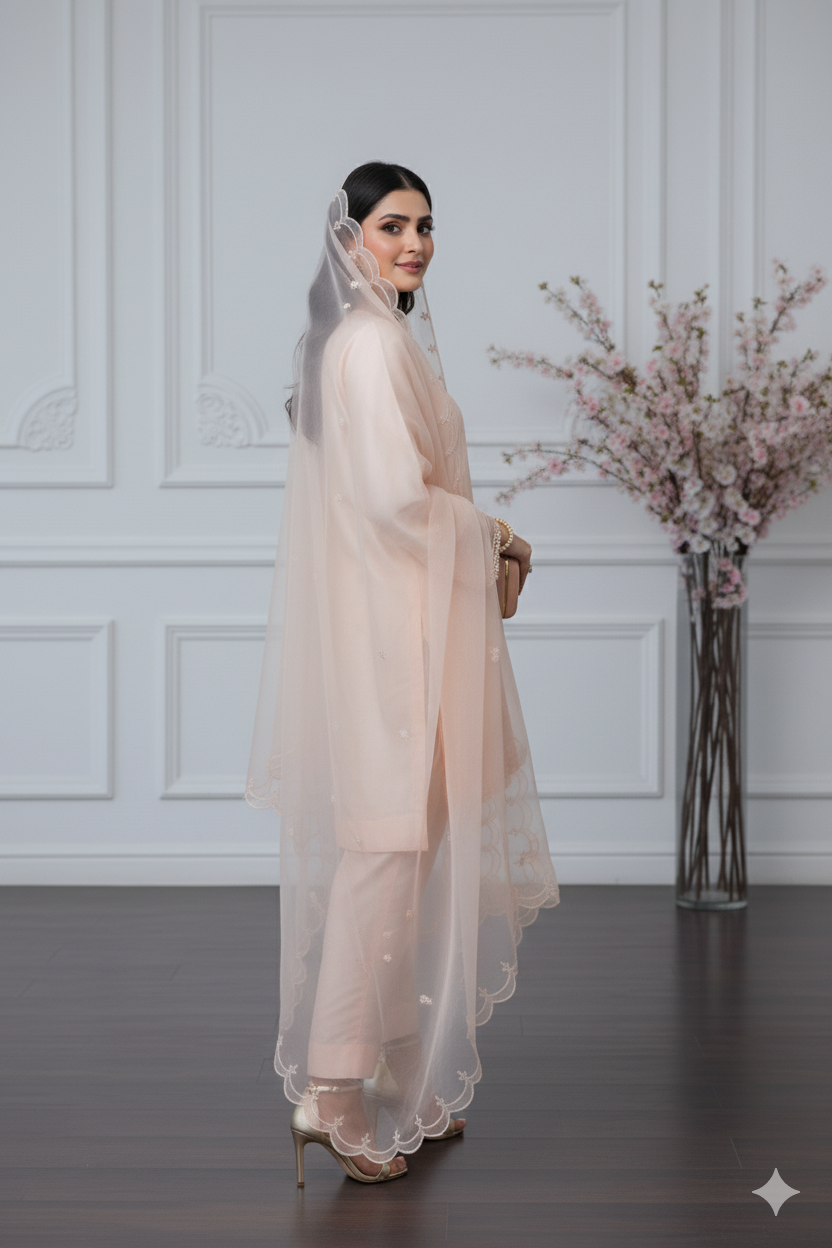 3-Piece Premium Peach Embroidered Raw Silk