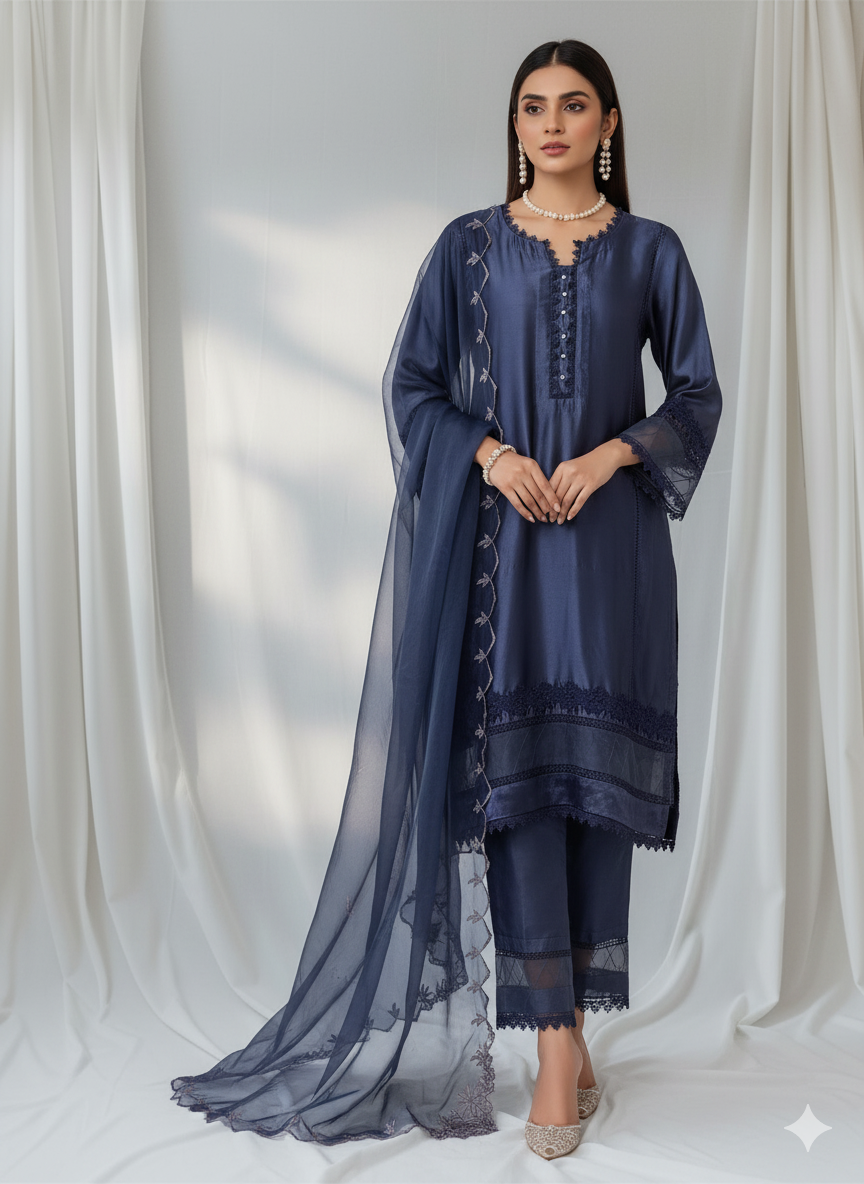 3-Piece Luxury Pure Deep Navy Blue  Raw Silk Suit