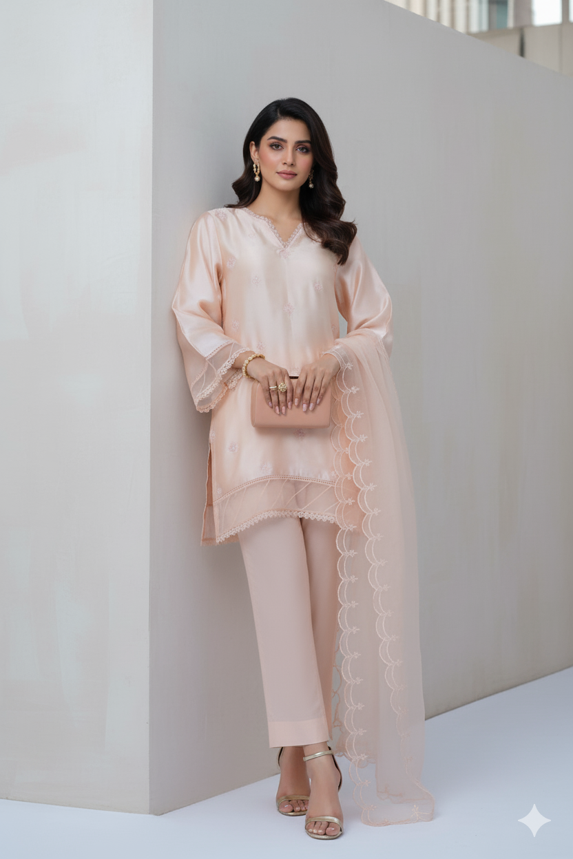 3-Piece Premium Peach Embroidered Raw Silk