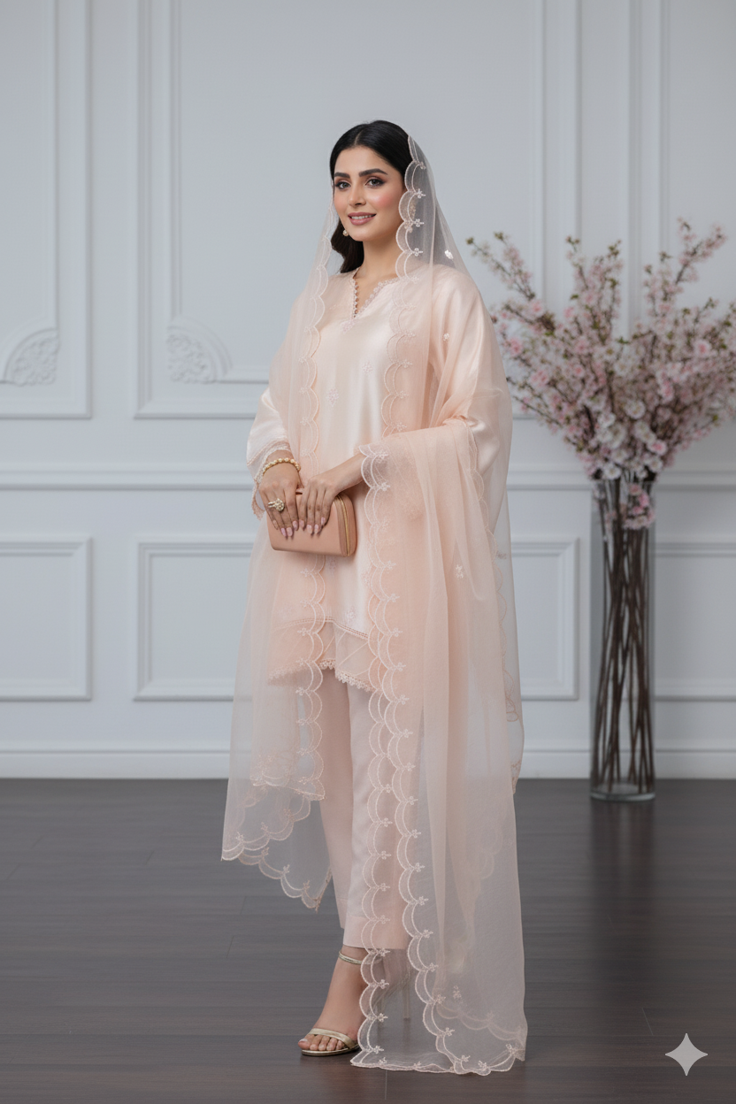 3-Piece Premium Peach Embroidered Raw Silk