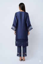 3-Piece Luxury Pure Deep Navy Blue  Raw Silk Suit
