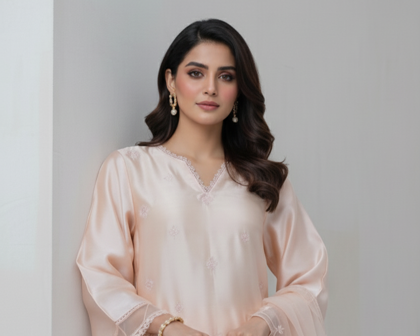 3-Piece Premium Peach Embroidered Raw Silk