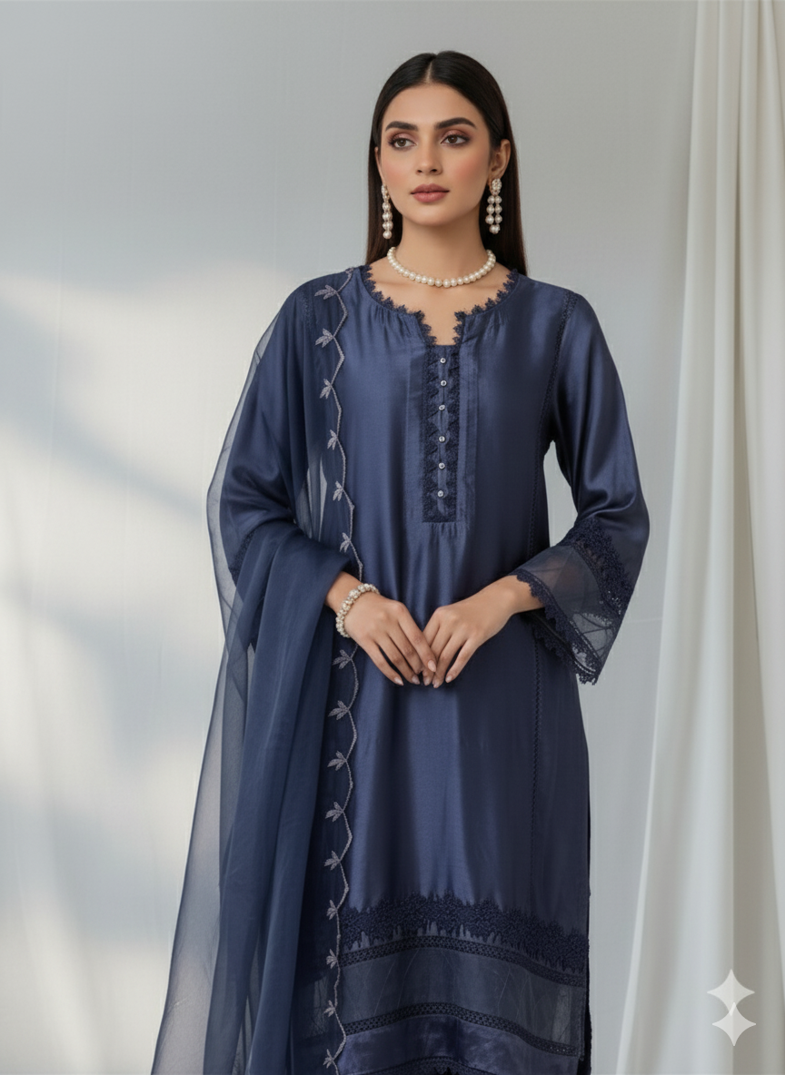 3-Piece Luxury Pure Deep Navy Blue  Raw Silk Suit