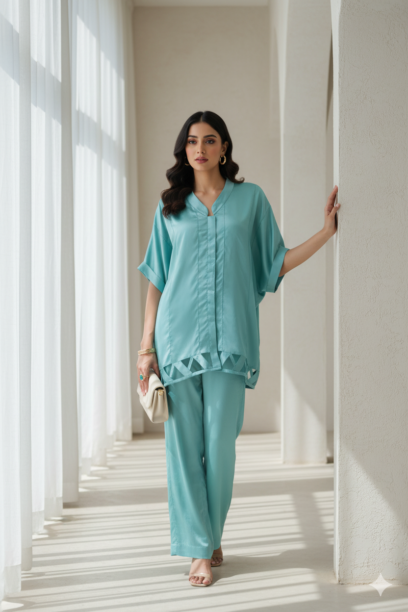 Pure Raw Silk 2-Piece - Dusty Aqua Elegance