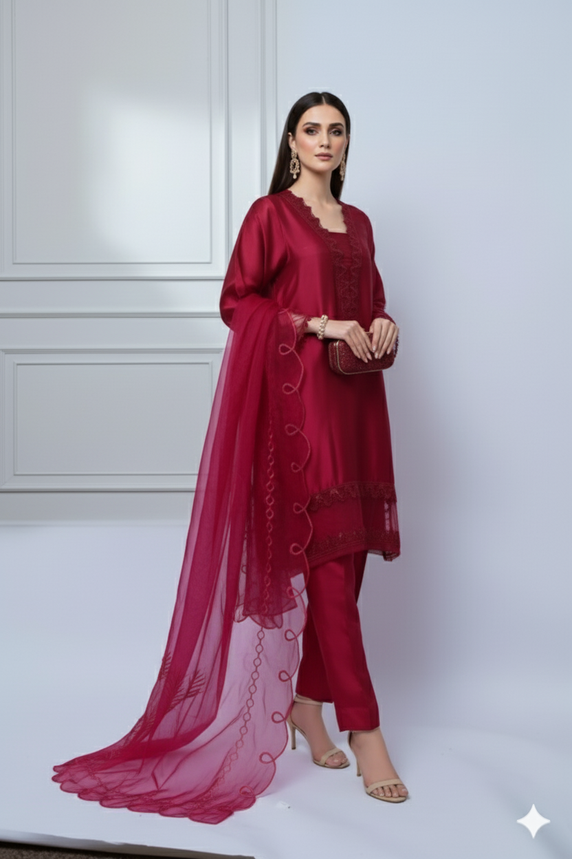 Premium Raw Silk 3Piece Suit – Timeless Maroon