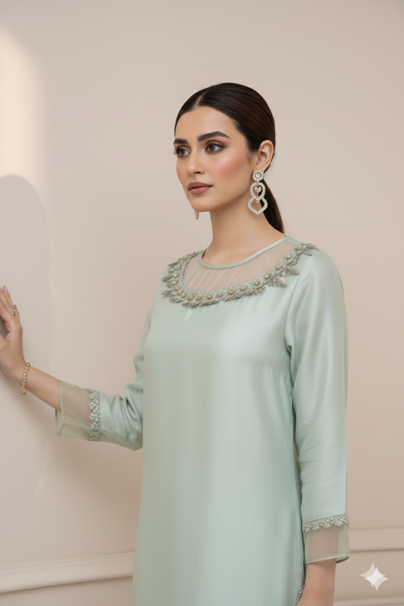 2-Piece Raw Silk - Pistachio Elegance
