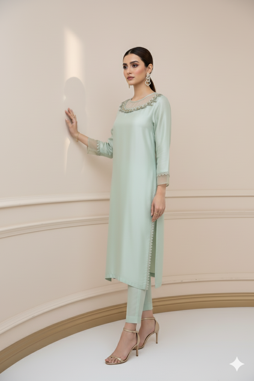 2-Piece Raw Silk - Pistachio Elegance