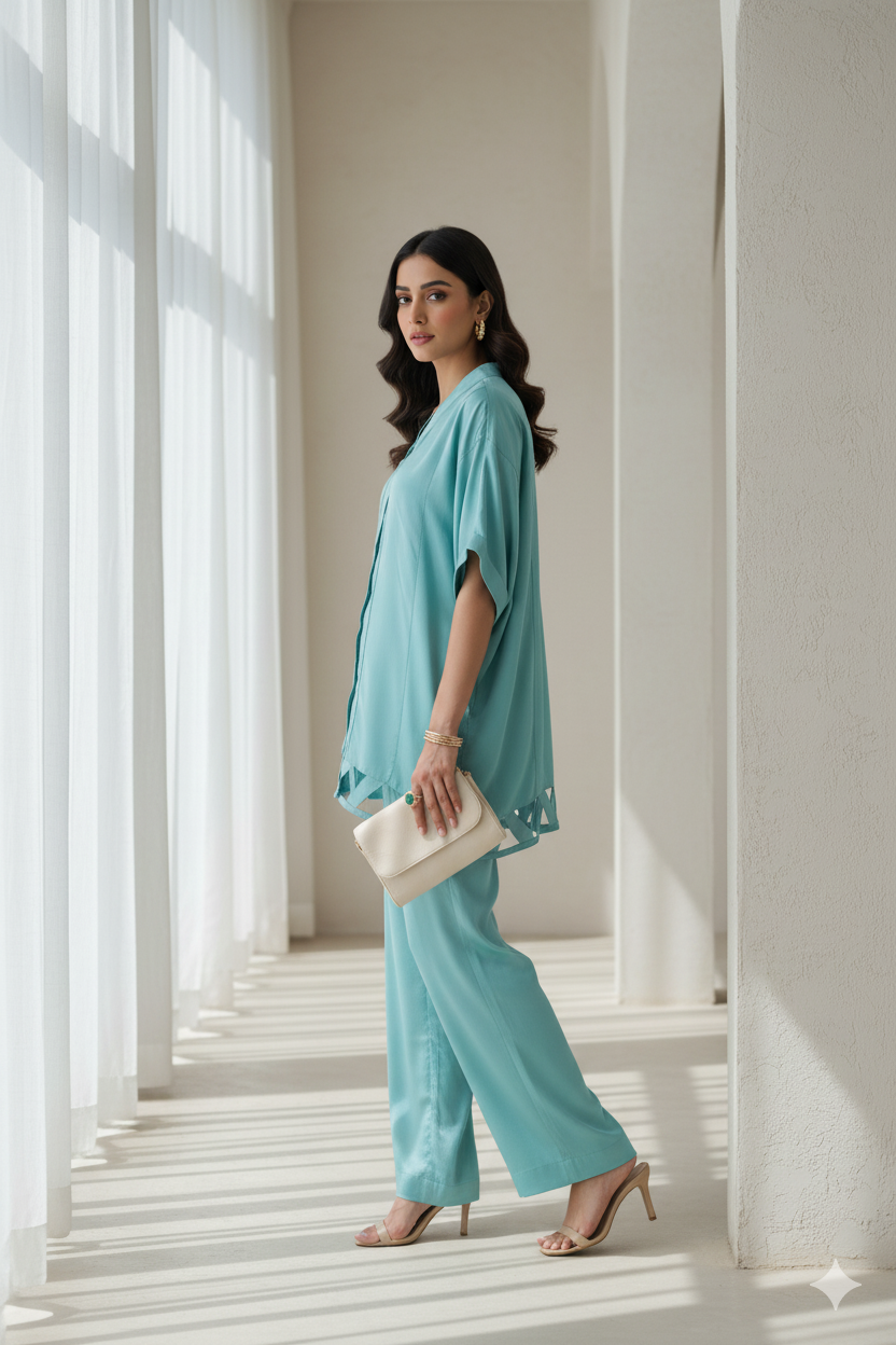 Pure Raw Silk 2-Piece - Dusty Aqua Elegance