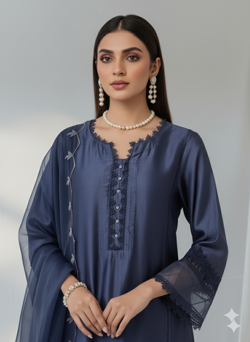 3-Piece Luxury Pure Deep Navy Blue  Raw Silk Suit