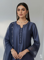 3-Piece Luxury Pure Deep Navy Blue  Raw Silk Suit